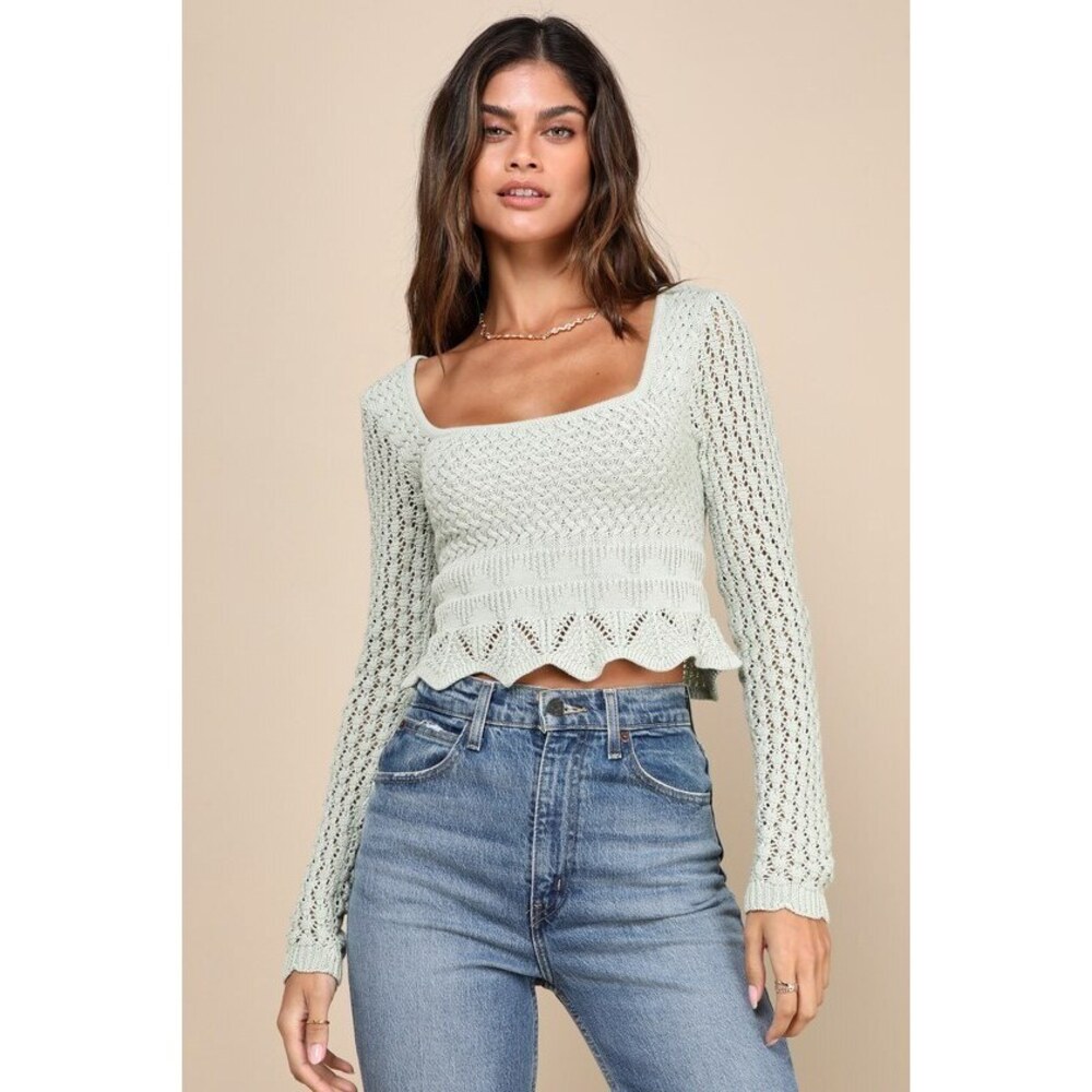 Lulus Lucky Cutie Sage Green Crochet Long Sleeve Sweater Top - Size L